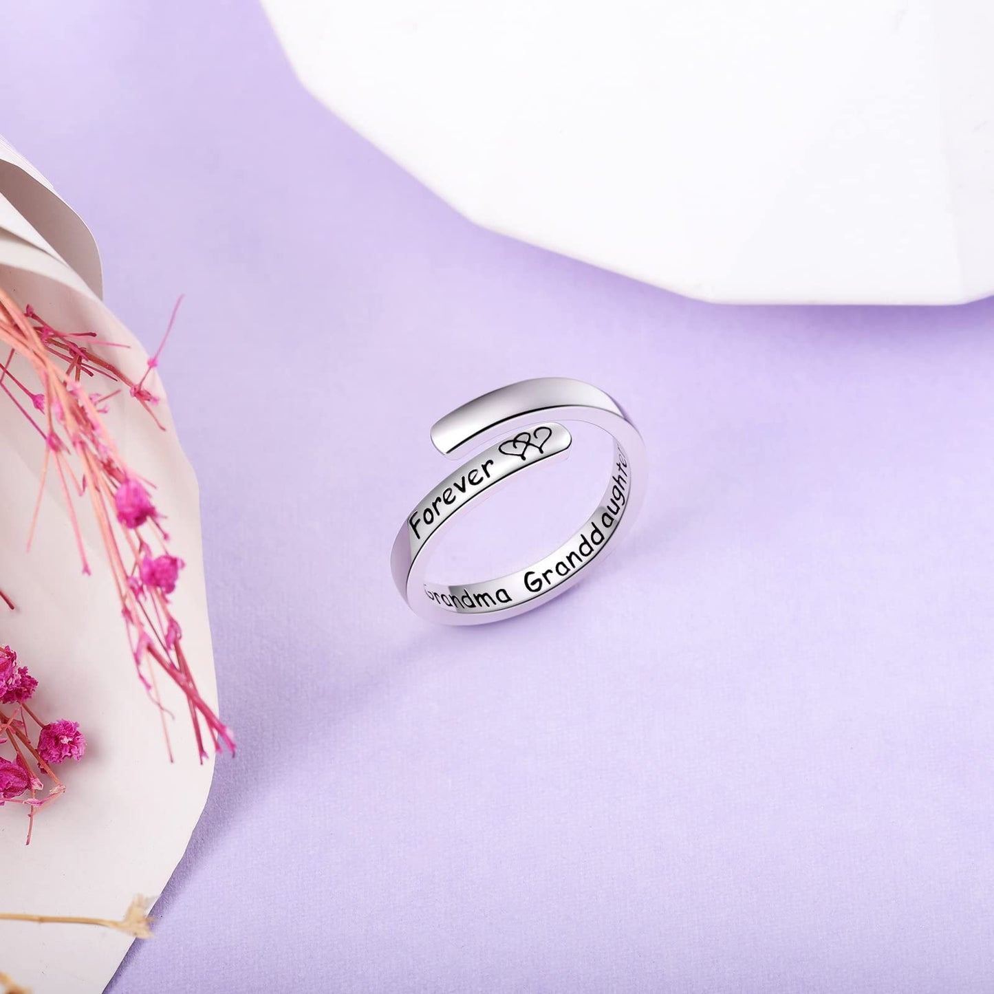 Silver Adjustable Ring Inspirational Jewelry S925 Sterling Wrap Open Ring for Women(Grandma&Granddaughter)