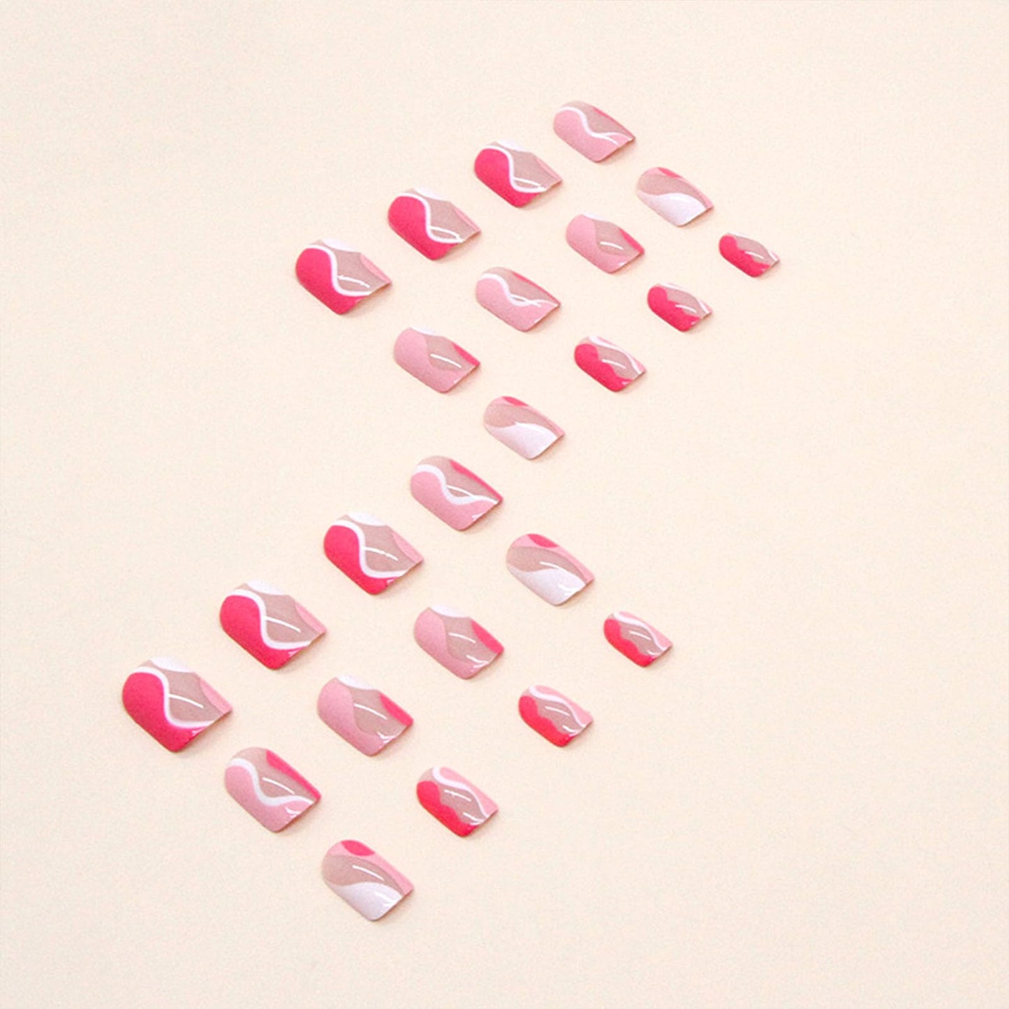 Square Press on Nails Short False Nails Rose Red with White Curve Glue on Nails Nude Full Cover Fake Nails Press ons Glossy Acrylic Nails Artificial Stick on Nails for Women 24Pcs
