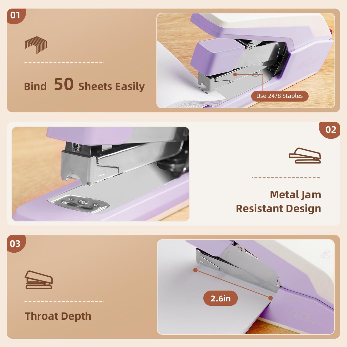 Deli Effortless Desktop Stapler, Heavy Duty Stapler, 40-50 Sheet Capacity, One Finger, No Effort, Includes 1500 Staples & Staple Remover, Violet