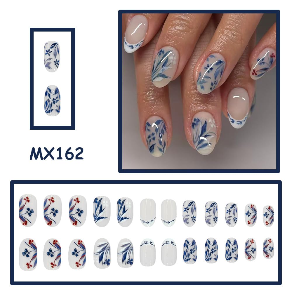 24Pcs Medium Press on Nails Blue Flower Fake Nails with White French Tip Floral Spring Almond False Nails Glossy Full Cover Stick on Nails Artificial Reusable Acrylic Nails for Women Girls