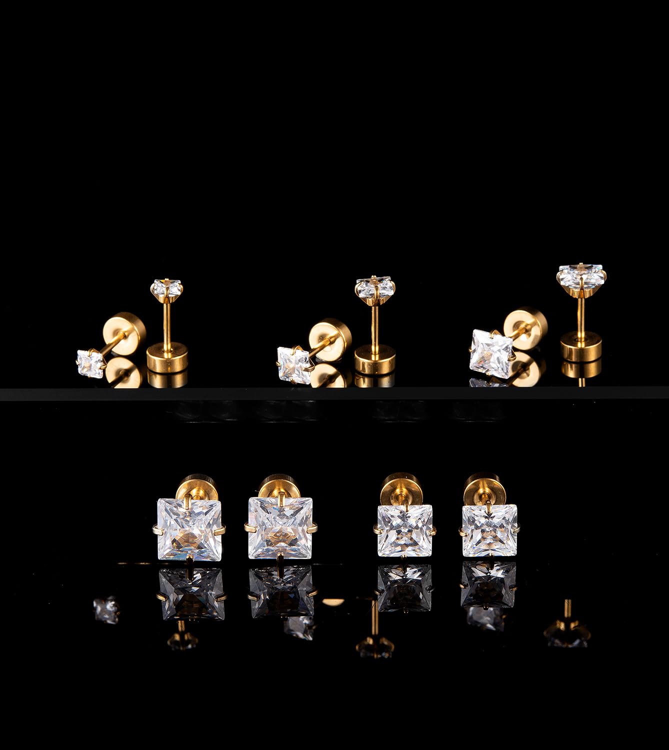 Princess Cut Square CZ Stud Earrings Flat Back, Screw Back Small Gold Clear Cubic Zirconia Studs Earrings Set for Women Men, Pack of 5 Pairs (3-4-5-6-7mm)