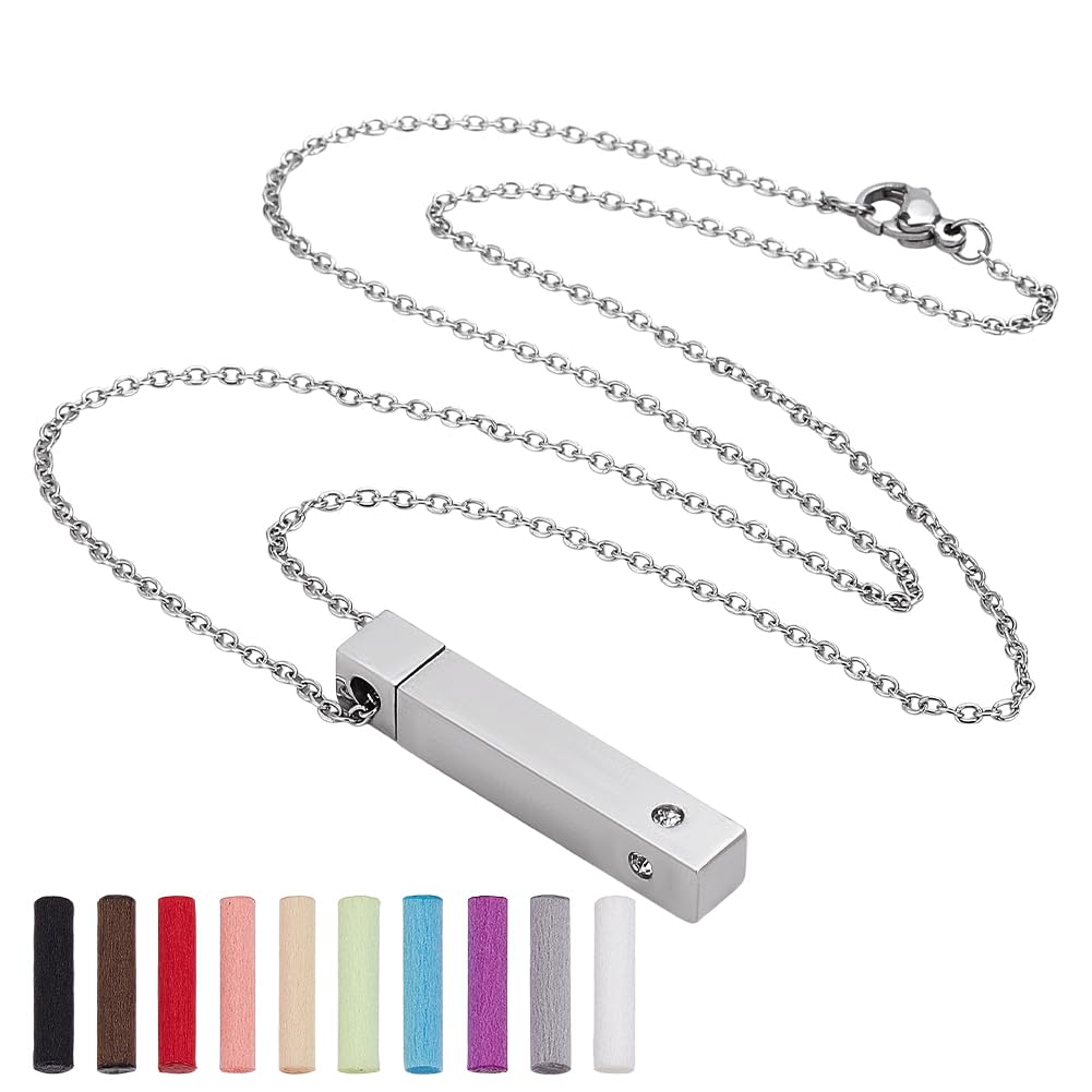 FINGERINSPIRE Rectangle Essential Oil Necklace with 10Pcs Fibre Perfume Pads 20.28 inch Aromatherapy Diffuser 304 Stainless Steel Diffuser Scent Perfume Necklace Aroma Decorative Pendant