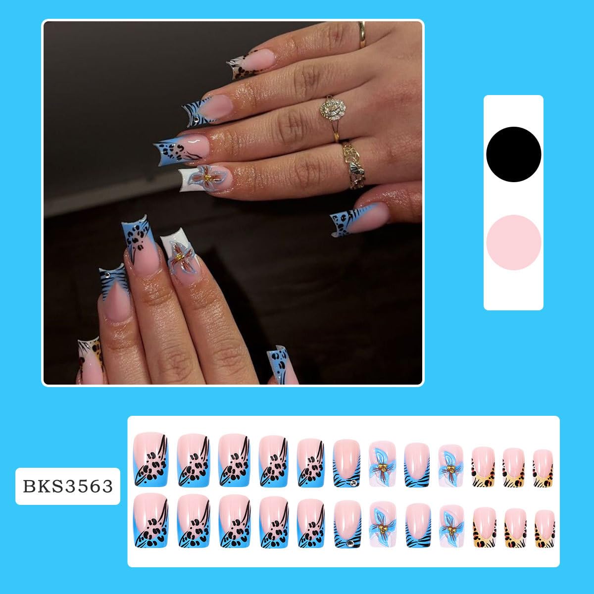 plalely Press on Nails French Tip, Handmade Acrylic Press on French Tip Nails with Flower Designs，Long Square Nail Press Ons for Women 24pcs