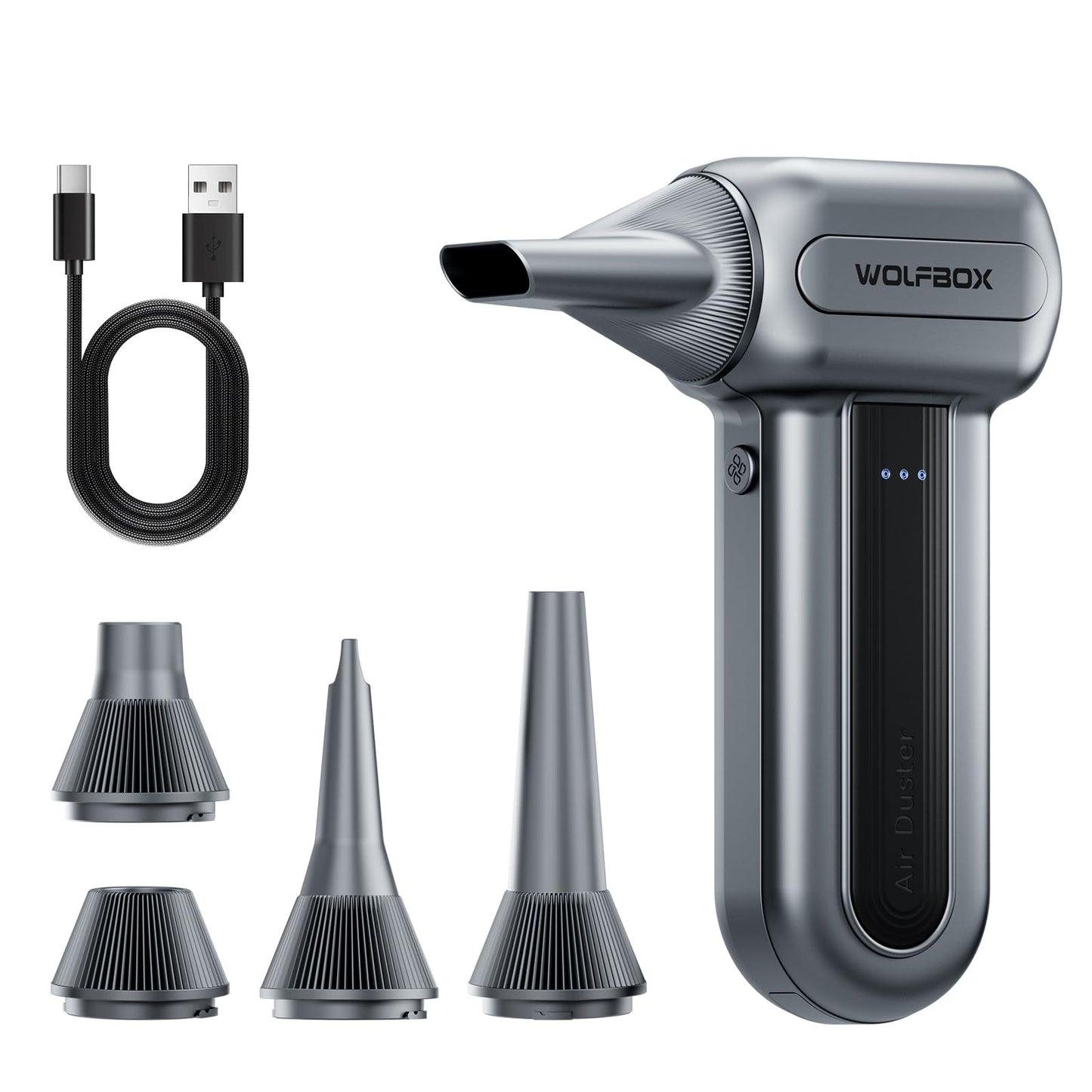 WOLFBOX MF70 Compressed Air Duster-110000 RPM Electric Air Duster with Extended Runtime, 3-Speed Rechargeable Air Blower for Keyboard, Computer, Camera, Car, Home, 5 Nozzles