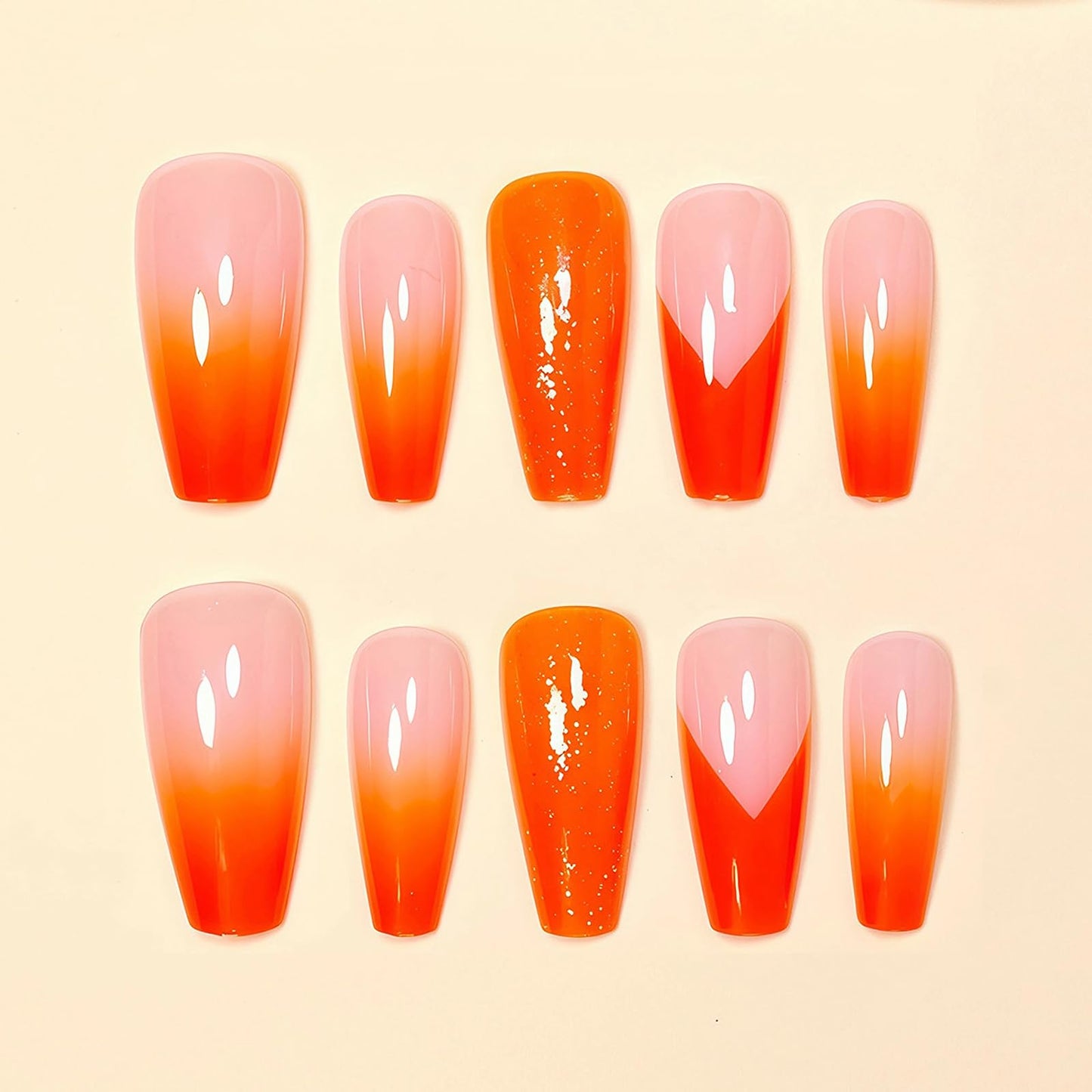 MISUD Press on Nails - Long Coffin Fake Nails with Summer Orange, Acrylic Bling Glitter Design 24 pcs