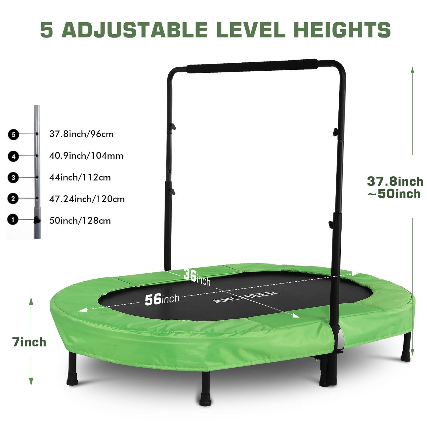 ANCHEER Trampoline for Kids, 56" Double Toddler Trampoline with Adjustable Handlebar, 220LBS Weight Capacity - Indoor/Outdoor Foldable Jumper for 2+ Users (ASTM Certified)