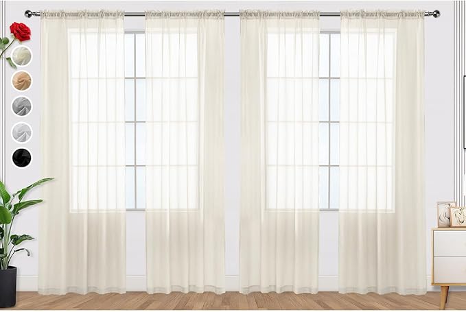 SpaceDresser Ivory Sheer Curtains 4 Panels Rod Pocket Semi-Sheer Curtain 45 Inches Long Light Filtering Voile Window Drapes for Bedroom Living Room Kitchen, Each 52W x 45L