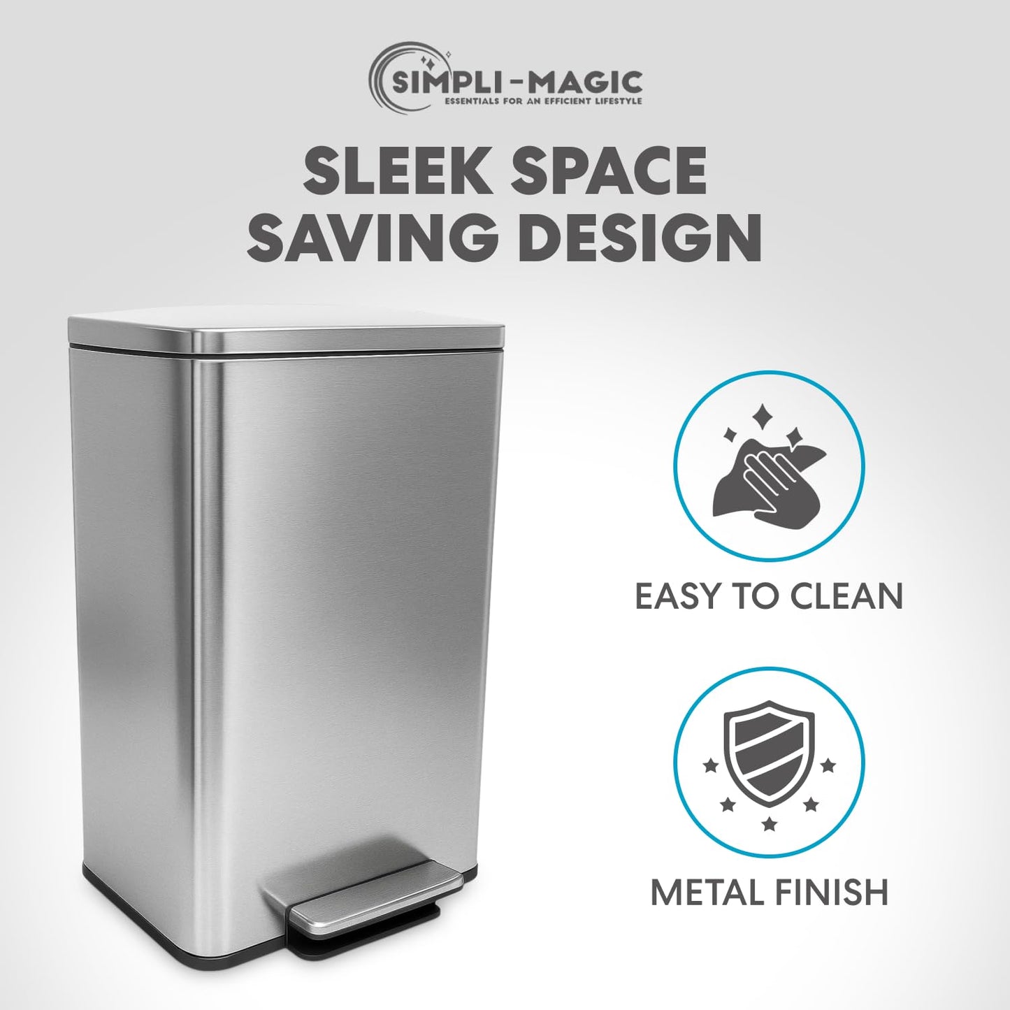 SIMPLI-MAGIC 50 Liter / 13.2 Gallon Soft-Close, Smudge Resistant Trash Can with Foot Pedal and Built in Filter- Stainless Steel, Sleek Finish