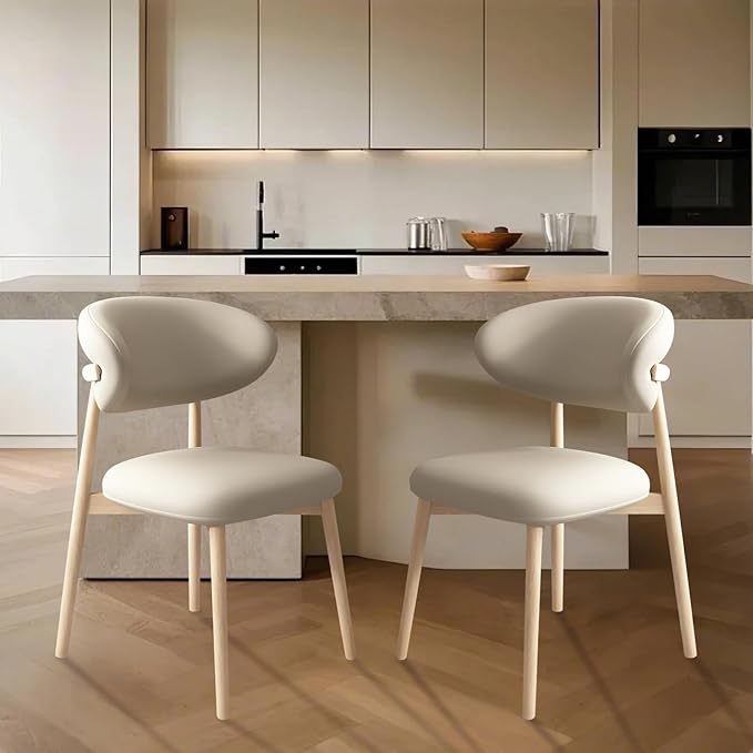 Upholstered Dining Chairs Set of 2,Mid Century Modern Kitchen Chairs with Back and Wood Frame,Faux Leather Dinner Chairs (Light Khaki + Original Wood Legs, Set of 2)