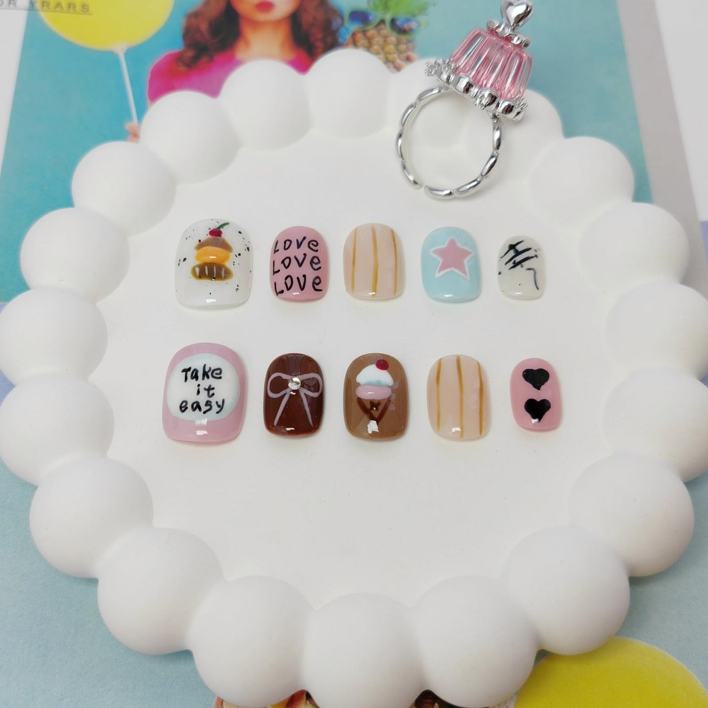 Extra Short Press on Nails Squoval False Nails Handmade with 3D Designs/Charms, Cute Reusable Fake Stick on Tips (Multi#X-Small)