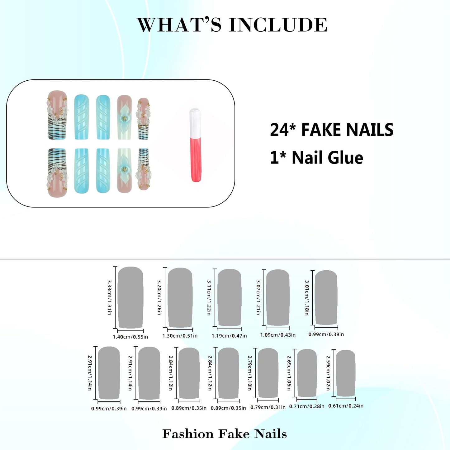 IMRAIN Press on Nails Long Square Fake Nails Blue Ombre French Tips False Nails with 3D Flower Designs Full Cover White Acrylic Glossy Glue on Nails 24Pcs