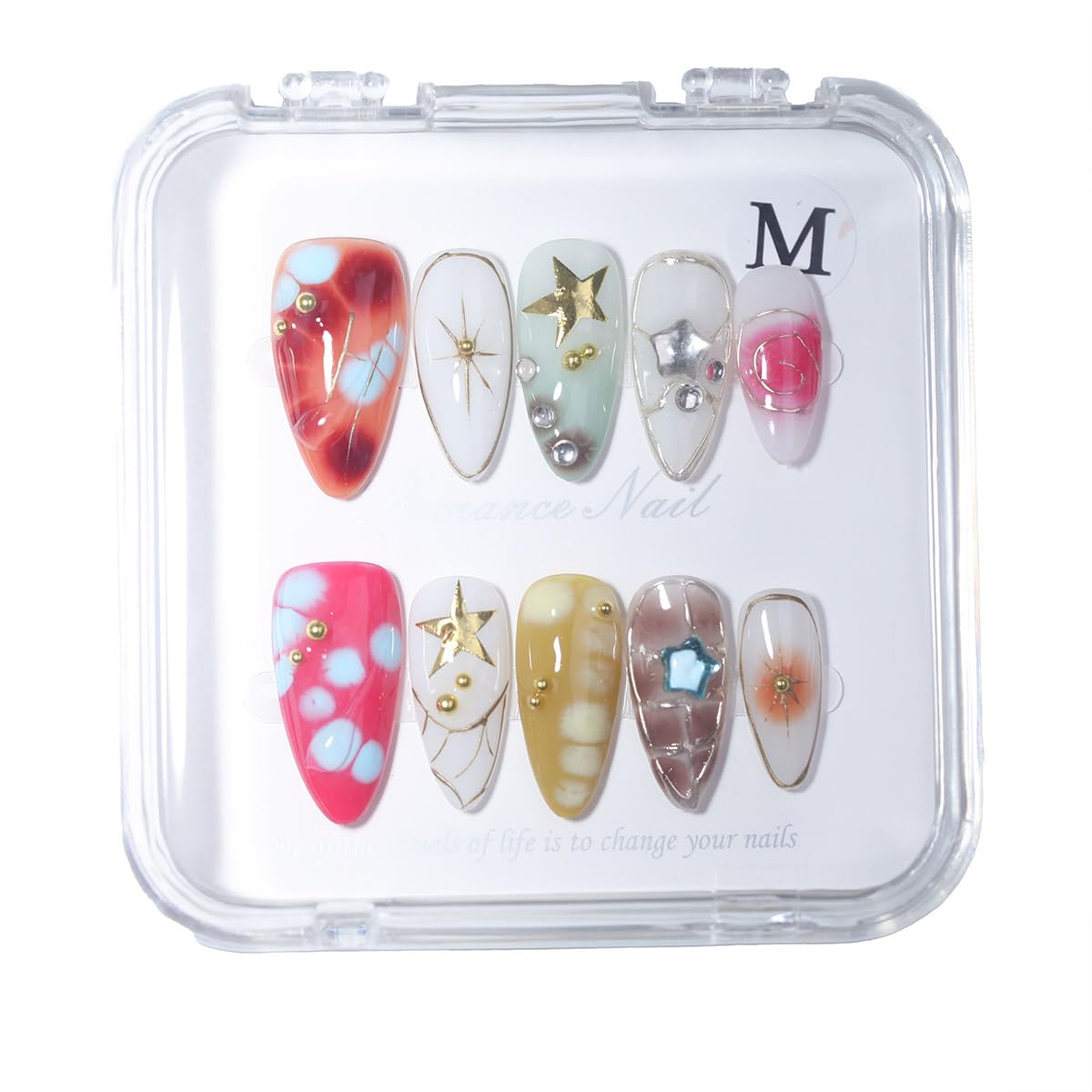 10Pcs Medium Almond Handmade Press On Nails | Easy Apply & Remove, Reusable Salon Quality Nails | Y2K Punk Multicolor Fake Nails with 3D Floral, Star & Gold Bead Accents(5U01, S)