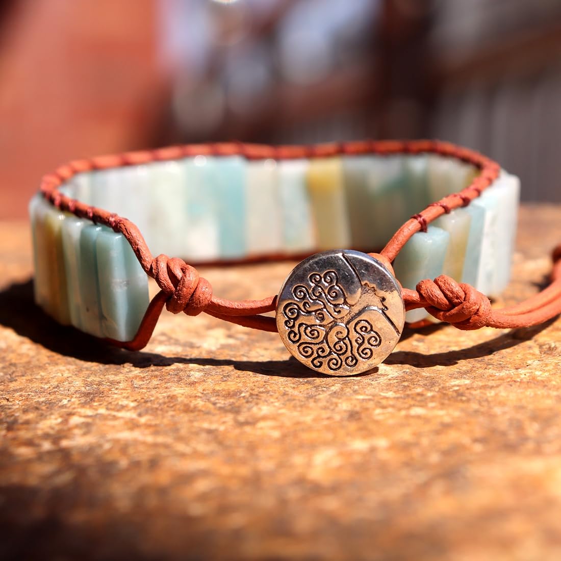 NUZUJX Boho Handmade Natural Stone Amazonite Tube Bead Wrap Wrist Statement Bracelet Jewelry Collection