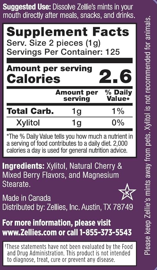 Zellie's | 100% Xylitol Cherry Berry Breath Mints | No Aspartame, Gluten Free, Vegan & Kosher Mints (250 Count - Pack of 1)