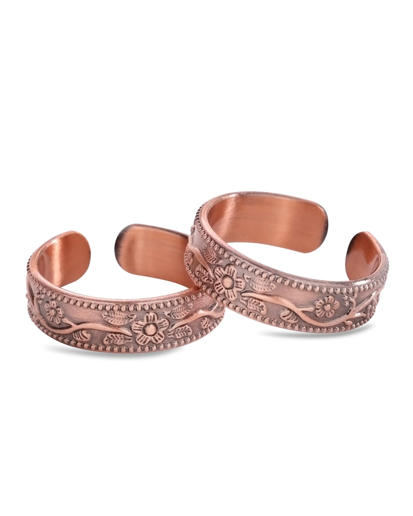 Fashtour 100% Pure Copper Rings for Women & Men (Two-Pack) — Solid Raw Copper — Uncoated Handmade Adjustable Open-End Tibetan Style Rings (Floral)