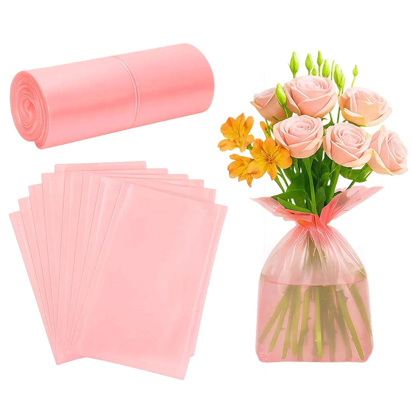 Tpocikd 100PCS Pink Water Bags for Flower Bouquets – 6x10in Leak-Proof Floral Wrapping Sleeves, PE Hydration Bags for Fresh Cut Flowers, Vase-Free Flower Packaging Solution