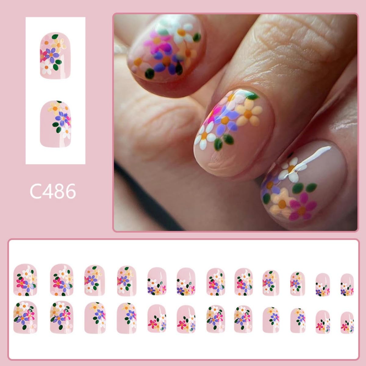 Flower Press on Nails Short Square Fake Nails Pink False Nails Press ons with Designs Floral Glossy Full Cover Cute Acrylic Glue on Nails Artificial Spring Stick on Nail for Women Manicure 24Pcs