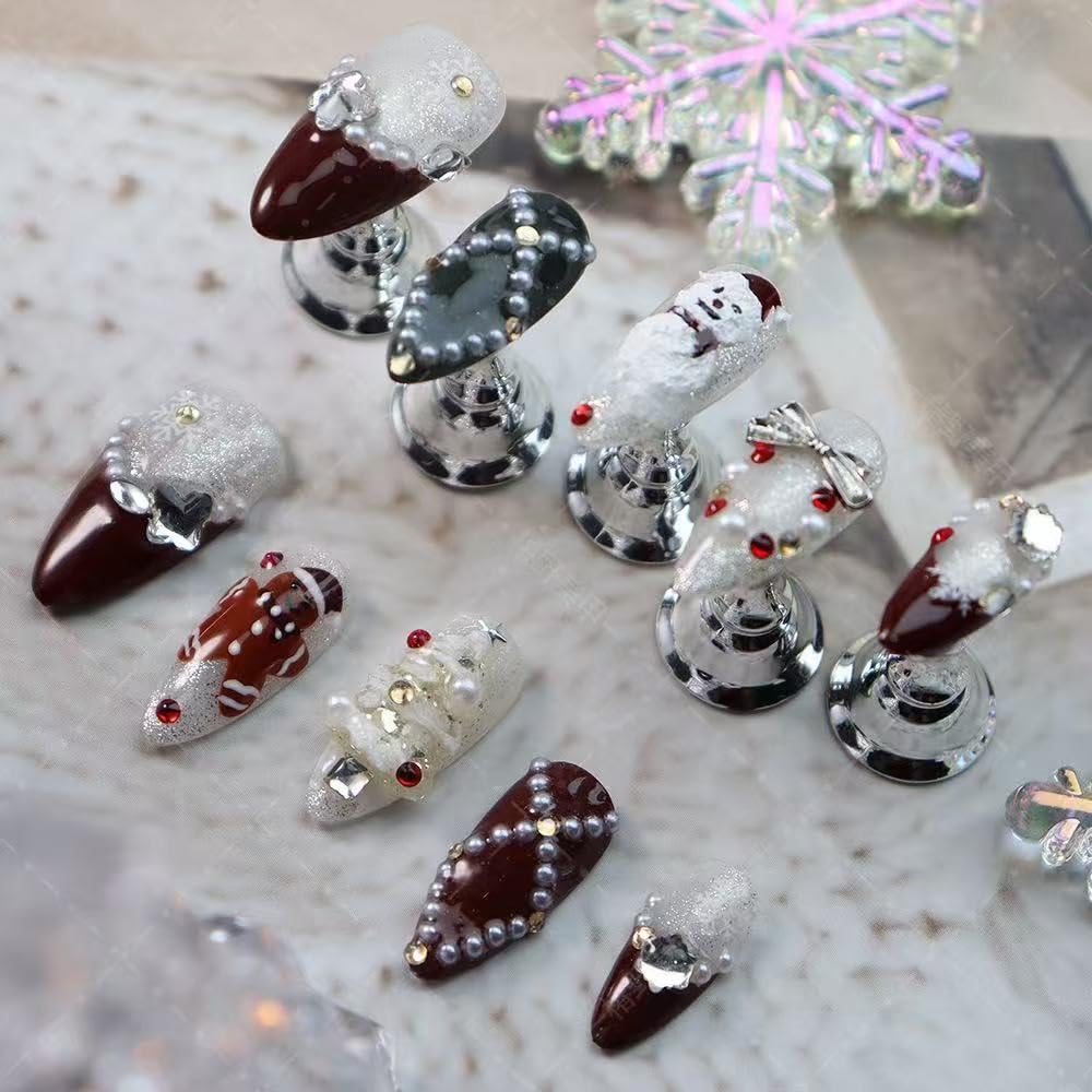 100% Handmade Press on Nails Christmas Press on Nails Medium Almond Shape Dark Red French Tips Snowman Design Rhinestones Christmas Tree Gingerbread Man Wintner Xmas Nails for Women Size L