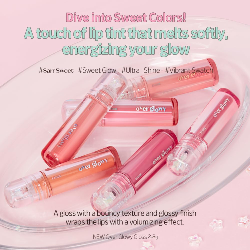 ETUDE Over Glowy Lip Gloss #5 Popping Candy | Non-Sticky Vegan Lip Tint | Moisturized & Long-lasting Lip Gloss | Daily Lip Stain for Dry Lips, Korean Makeup, K-beauty, Perfect for Gift