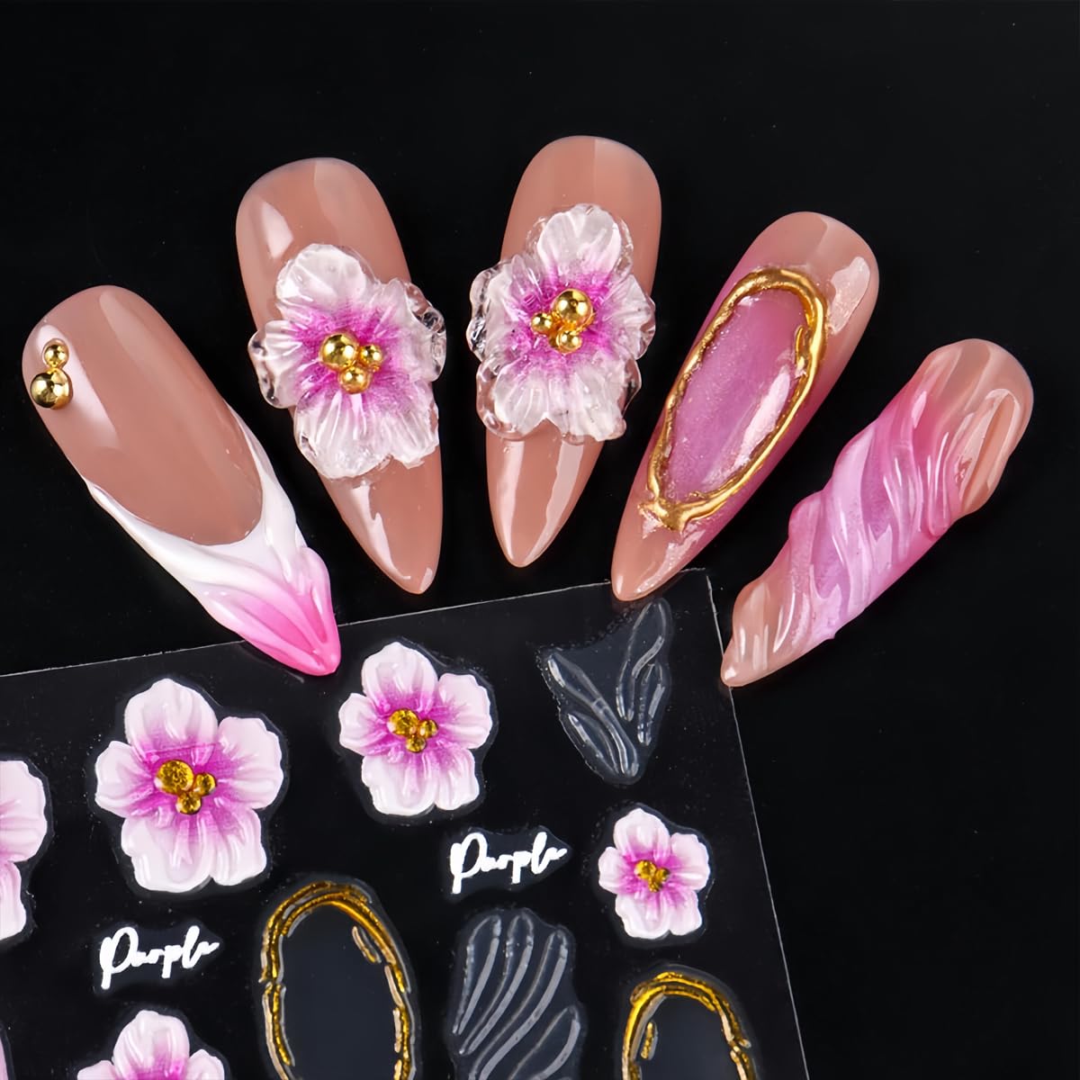 3 Sheets Flower Nail Art Stickers Decals 5D Self-Adhesive Nail Decals Spring/Summer Purple Pink Floral Designs, Self-Adhesive Decals for Women's Nail DIY Decoration