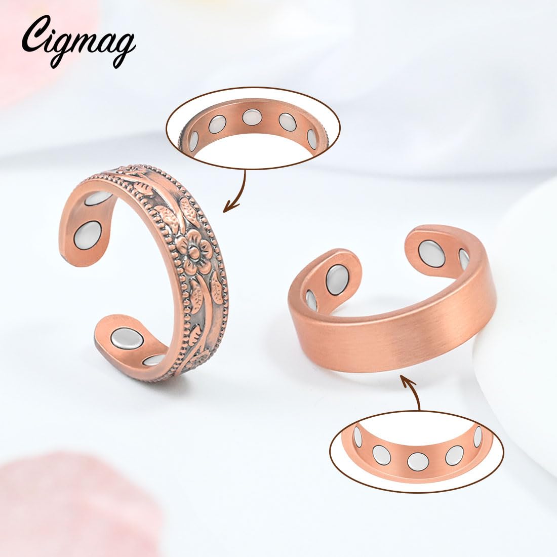 Cigmag 9X Copper Rings for Women, with Powerful Magnets, Adjustable Solid Pure Copper (Matte & Plum)