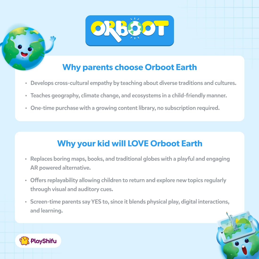 PlayShifu Globe for Kids– Orboot Earth: Interactive Kids Globe with 1000+ Facts on Animals, Places & Monuments | Tech-Powered Learning Toy & STEM Gift for Kids Ages 4–10