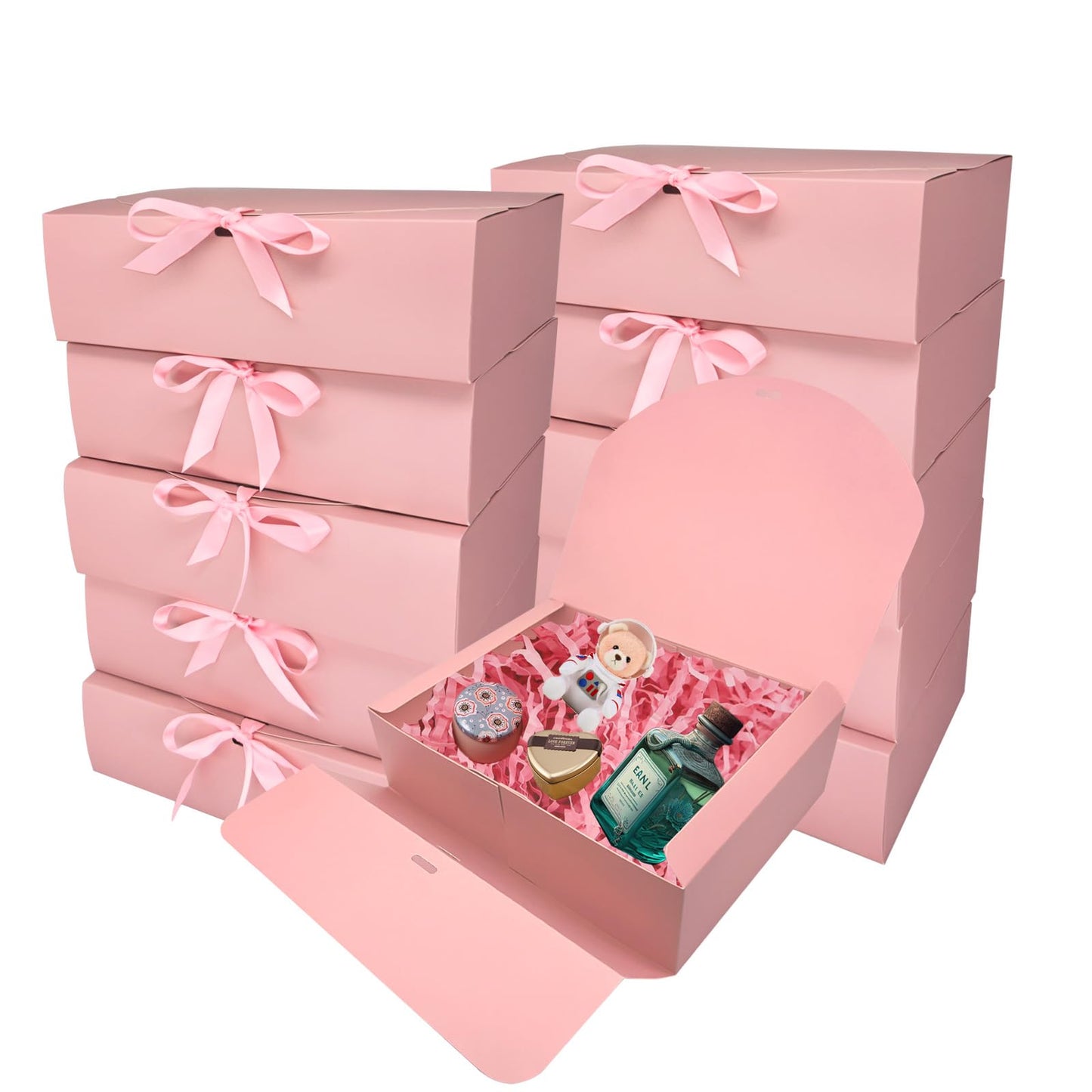 BoShahai 10 PCS Gift Boxes with Lids, 10.6x7.8x3.1 Inch Kraft Paper Gift Box, pink with Ribbon, Bridesmaid Proposal Box for Wedding, Packaging, Present, Birthday, Cupcake