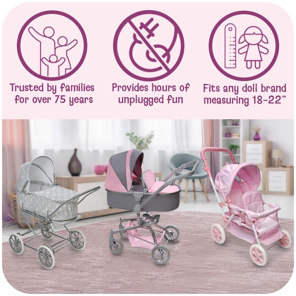 Badger Basket Foldable Doll Stroller & Pram for Dolls - Convertible Toy with Canopy, Basket & Soft Handle - Lightweight, Easy to Use for Girls Ages 3+- Gray/Pink