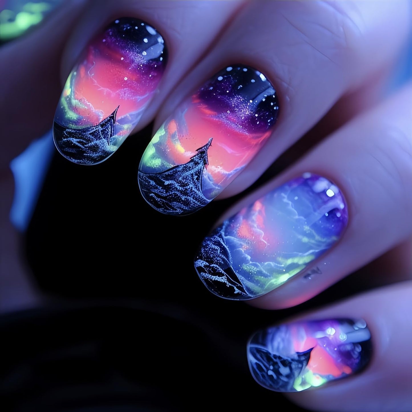 Press On Nails Medium Aurora Mountains, Sea of Clouds Design Oval Shaped False Nails - Artificial Glossy Full Cover Acrylic Coffin Nails - Reusable Glue On DIY Stick On for Women 24Pcs