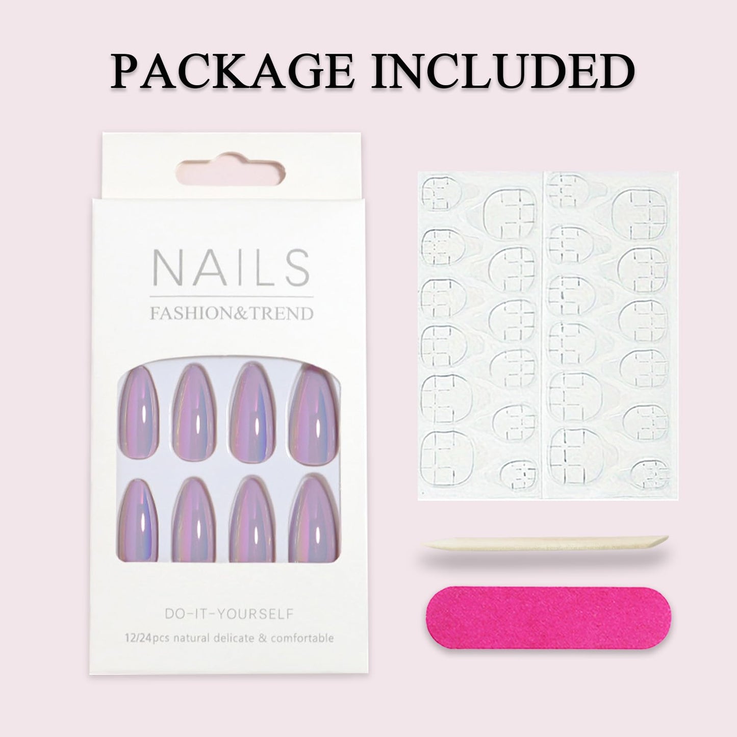 24Pcs Chrome Press on Nails Medium Almond Fake Nails Purple Aurora False Nails Glossy Quality Nail Tips Full Cover Glue on Nail Cute Acrylic Stick on Nails for Women Quick Manicure Kit