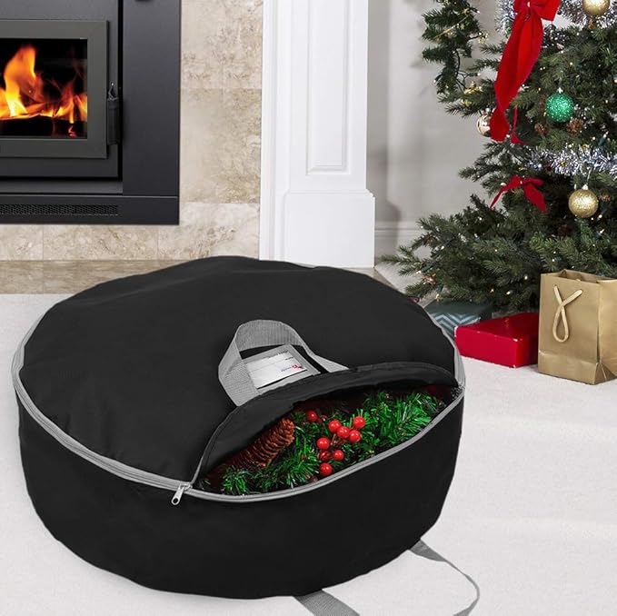Primode Christmas Wreath Storage Bag 30" - 2 Pack Artificial Wreath Container - Garland Holiday Xmas Wreaths Holder - Sturdy Handles - Card Slot Zipper Strong 420D Oxford (30 Inch, Black)