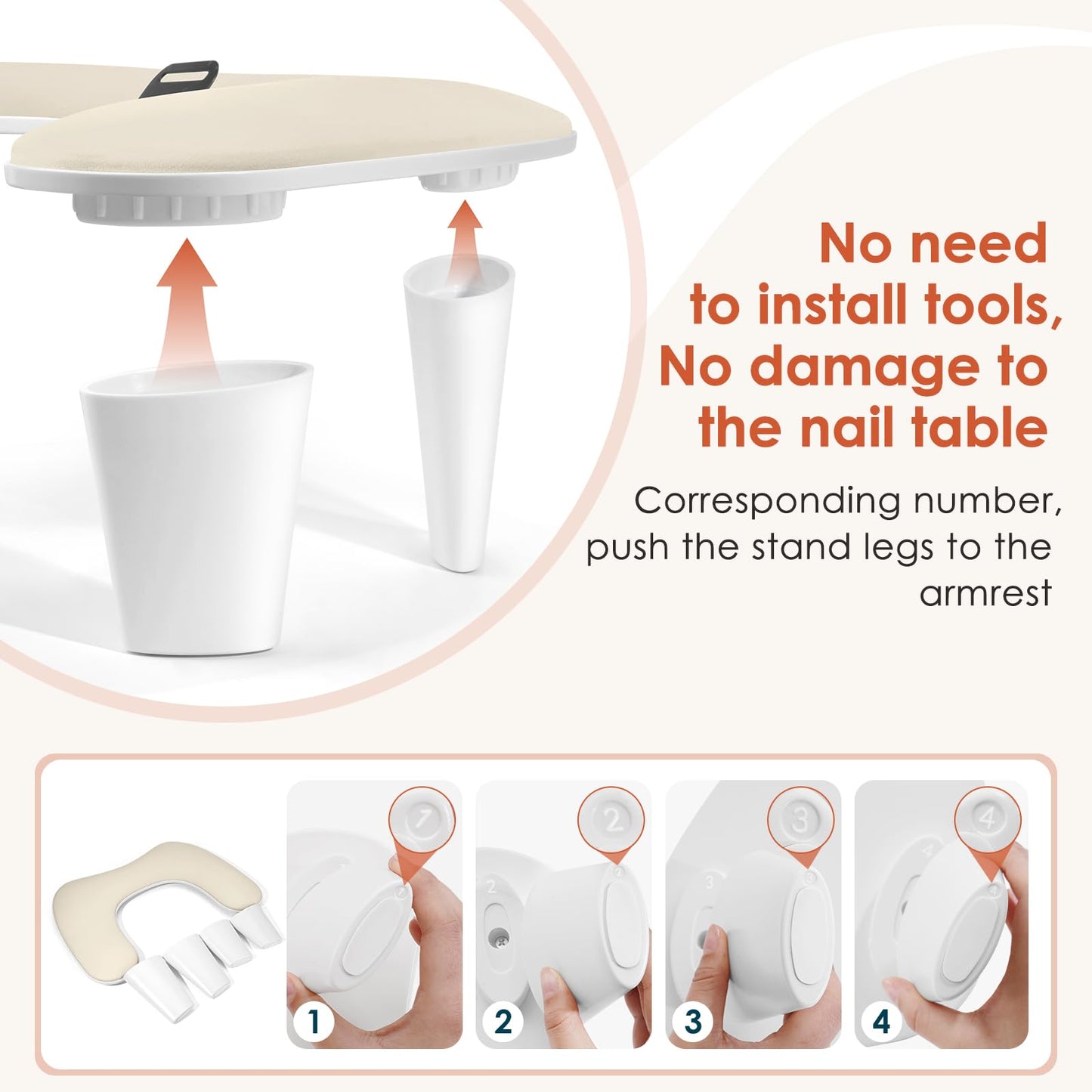 LIONVISON Arm Rest for Nails Tech: U Shaped Ergonomic Nail Hand Rest Stand PU Leather with Rotating Phone Holder for Nail Salon Manicurist (Beige)