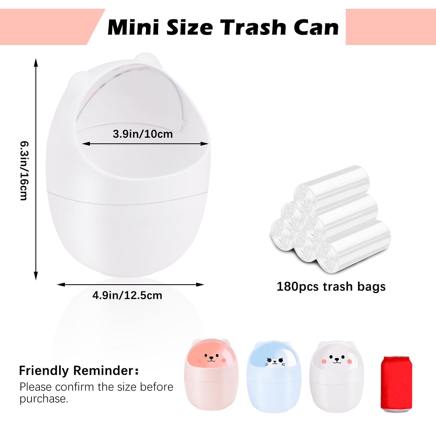 SHAIDOJIO 3 Pack Cute Mini Trash Can, Desktop Trash Can with Lid, Small Garbage Can with 180 Trash Bags, Tiny Countertop Wastebasket for Kids, Kawaii Waste Bin for Office Bedroom Bathrooms Desk Car