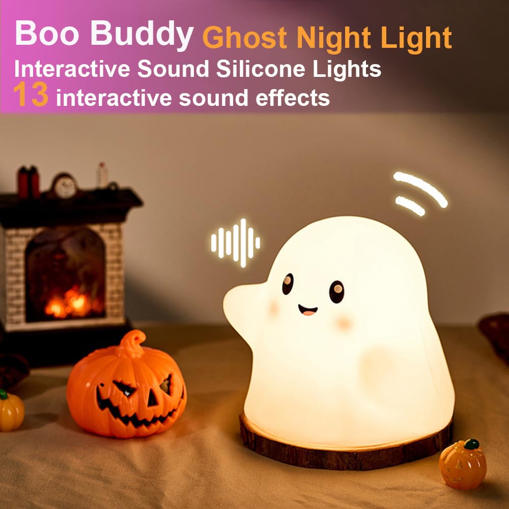 Ghost Night Light for Kids,Halloween Night Light with 13 Interactive Sound Effects ,Cute Silicone Light with 3 Levels of Brightness,Suitable for Indoor Halloween Decorations and Family (white ghost 1)