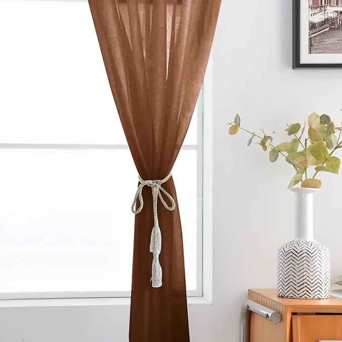 SpaceDresser Sheer Voile Window Treatment Rod Pocket Curtain Panels for Kitchen Bedroom Living Room Drapes Sunlight Filtering Privacy Semi Home Decor Assorted (Brown, 52 W x 84 L)