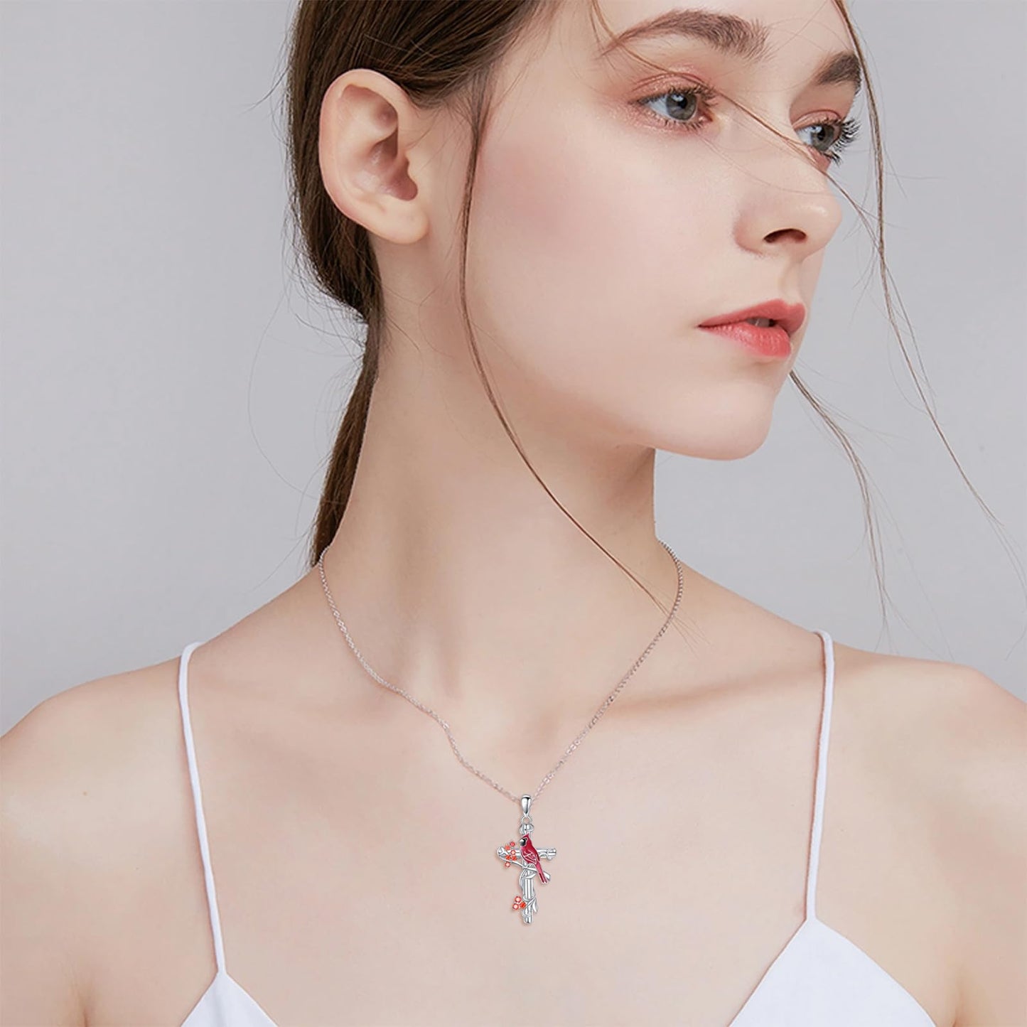 VONALA Cardinal Cross Necklace 925 Sterling Silver Red Bird Pendant Jewelry Gift for Women