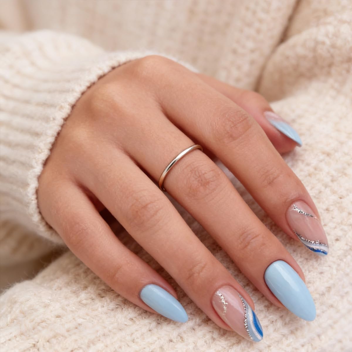 FJSMTOPl Blue Press on Nails Almond Fake Nails Press ons Medium False Nails with Designs Glitter Wave Acrylic Glue on Nails Artificial Stick on Nail for Women Manicure 24Pcs