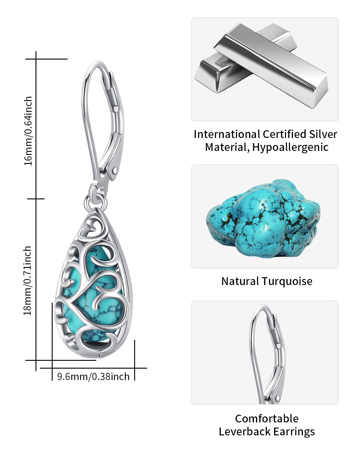 BDL Filigree Genuine Turquoise Teardrop Leverback Earrings Sterling Silver Dangle Drop Jewelry for Women
