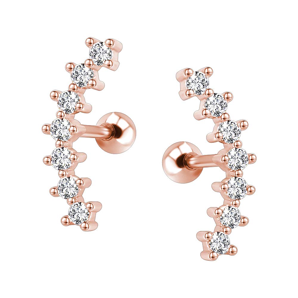 ZS Curve Seven Stud CZ Stud Earrings 316L Stainless Steel Ear Helix Conch Cartilage Piercing (Rose Gold)
