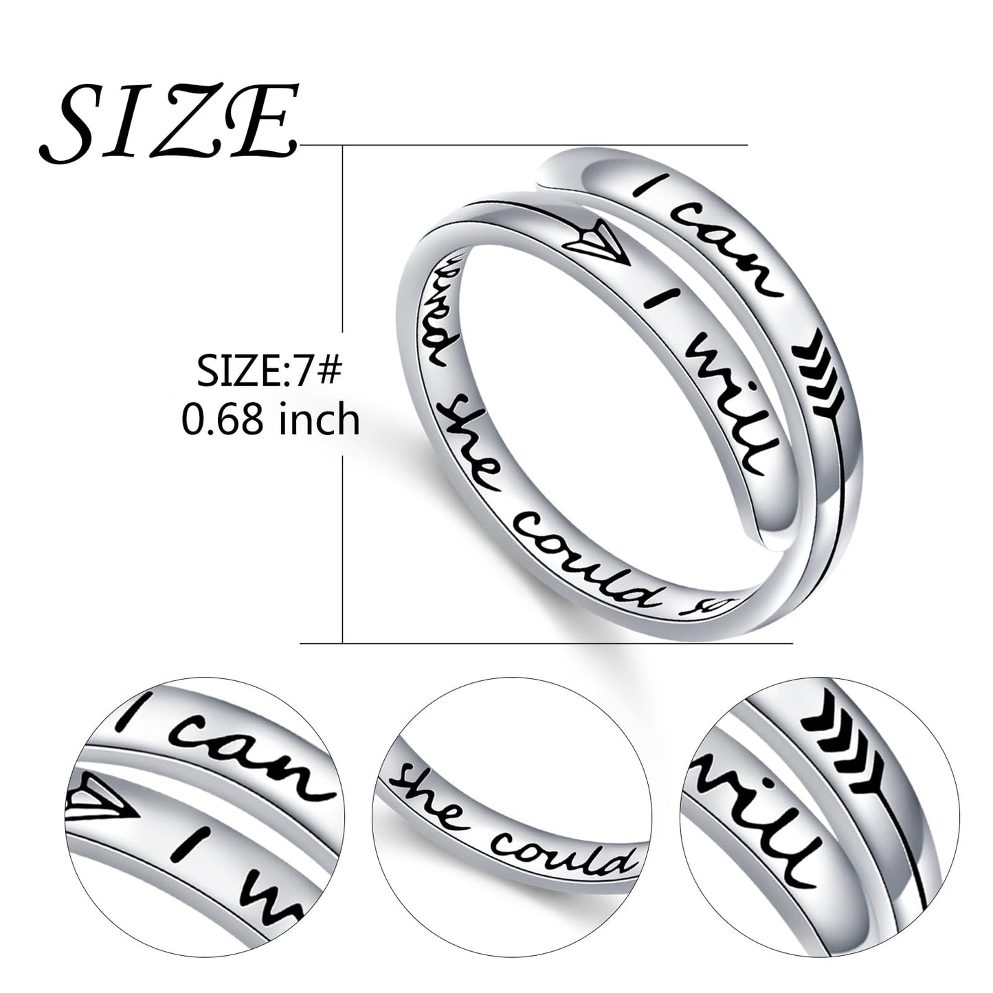 Ladytree Adjustable Inspirational Rings 925 Sterling Silver Stacking Wrap Spiral Twist Statement Band Encouragement Ring for Women Men(She believed she could so she did,I can I will)