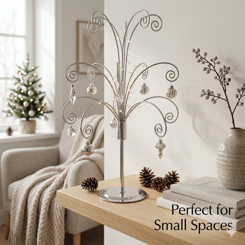 HOHIYA 20” Ornament Display Stand Chrome Silver Metal Hanging Tree Holder for Swarovski Crystal Glass Ornaments Tabletop Christmas Halloween Easter Decoration Display Rack