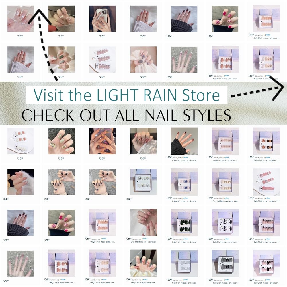 LIGHT RAIN Medium Press on Nails - Paris, Luxury Bling Reusable Seven Layers Gel UV Finish False Nails, Handmade Nail Art with Design by Licensed Manicurist, Medium Square Shape, Large Size