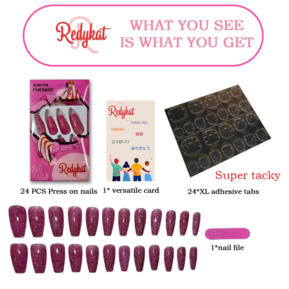 Redykat Handmade 24PCS Color Changing Glossy Coffin Press On Nails, Salon Quality Nail art, Extra Long Acrylic Fake Nails, False Nails, Home Quick Manicure……… (thermochromic magenta)