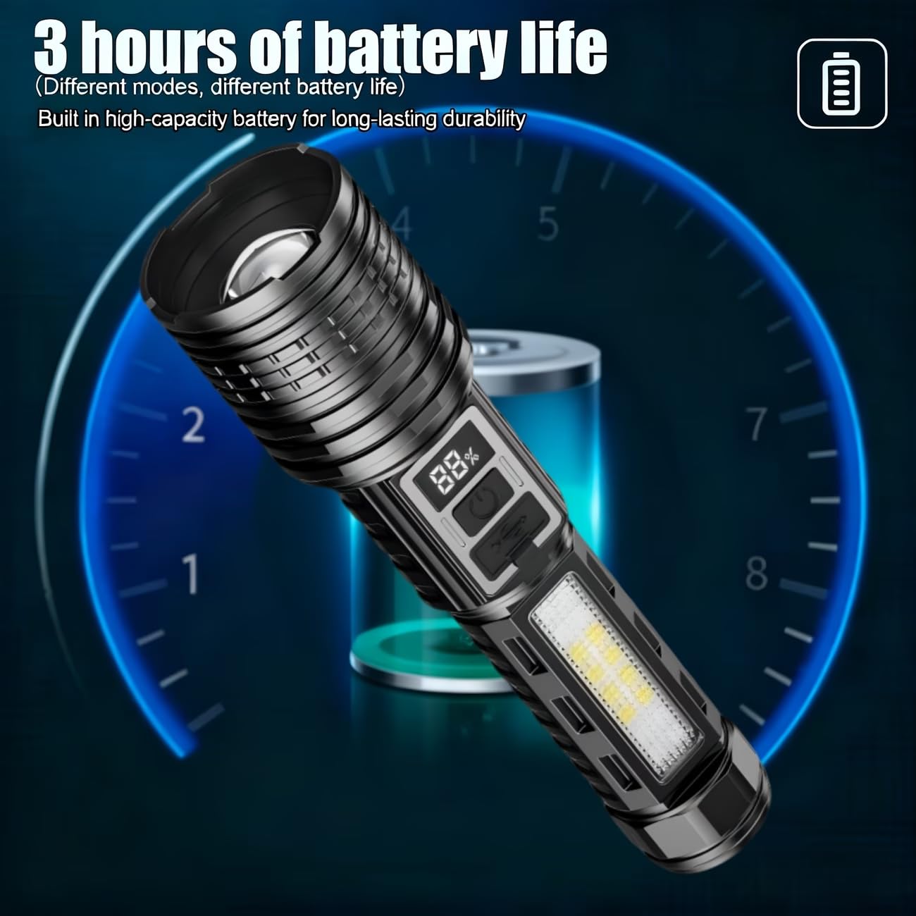 1PC/2PCS high Brightness Rechargeable LED flashlights, with a Total of 7 Modes, COB Side Light - red Blue Flash with Digital Display Function, Gift Box Set, Suitable for Emergency situations (2)
