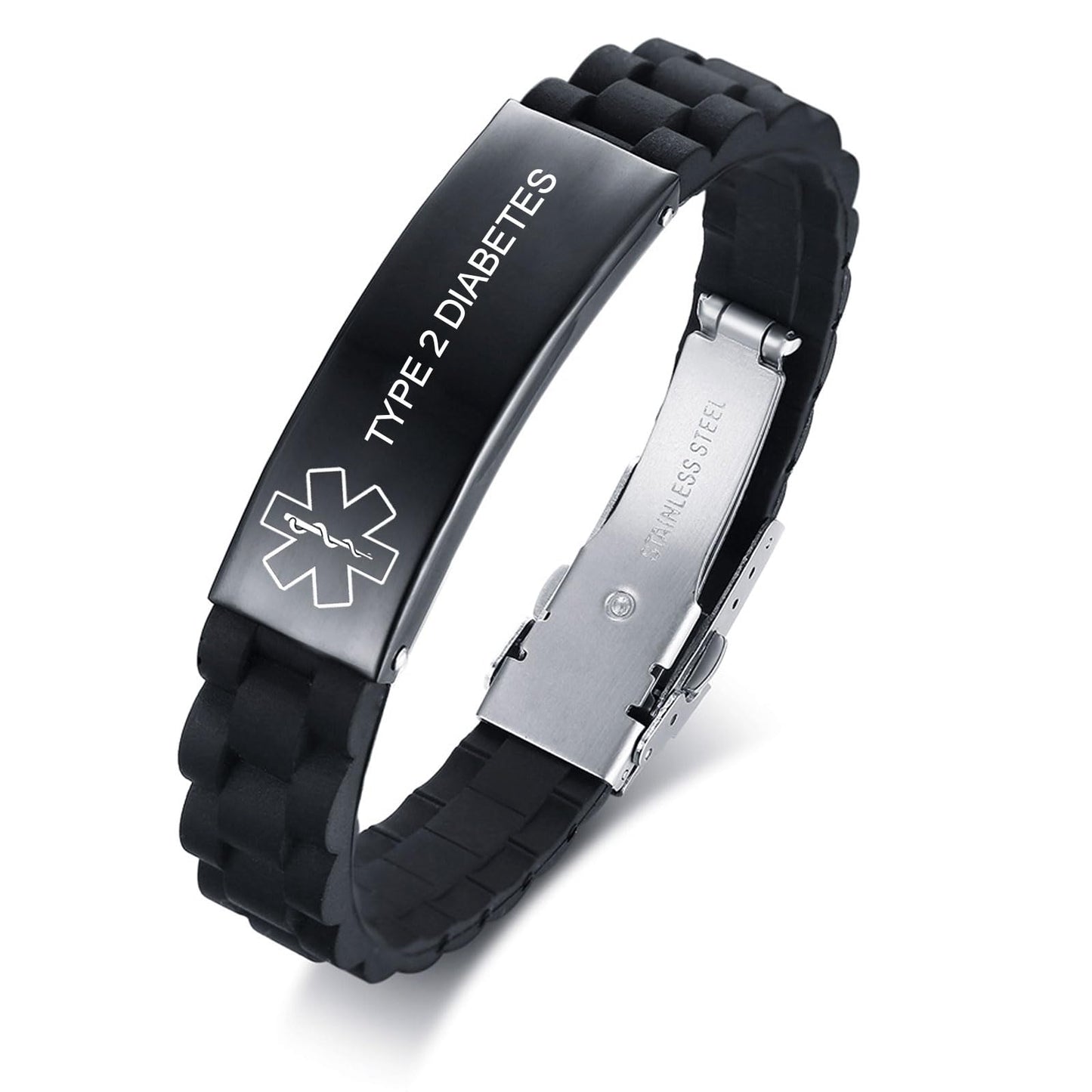 VNOX Type 2 Diabetes Medical Alert ID Black Silicone Rubber Stainless Steel Adjust Bracelet Wristband for Men