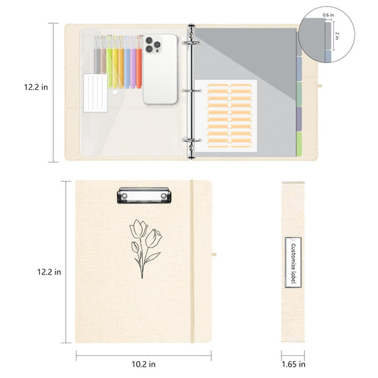 1 Inch 3 Ring Linen Binder Organizer, BVSSX Three Ring Binders with Clipboard, Plastic Folder, 5-Tabs Pocket Dividers with Sticker Labels, Pen Loop, Elastic Strap (Beige, Letter Size)