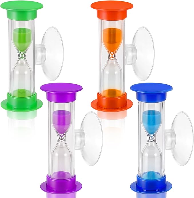 4Pcs Sand Timer Toothbrush Timer with Suction Cup, 3 Minutes Sand Timer Rotatable Hourglass Sandglass Sand Clock for Kids Toothbrush, Games, Classes, Cooking (Purple, Green, Orange, Blue)