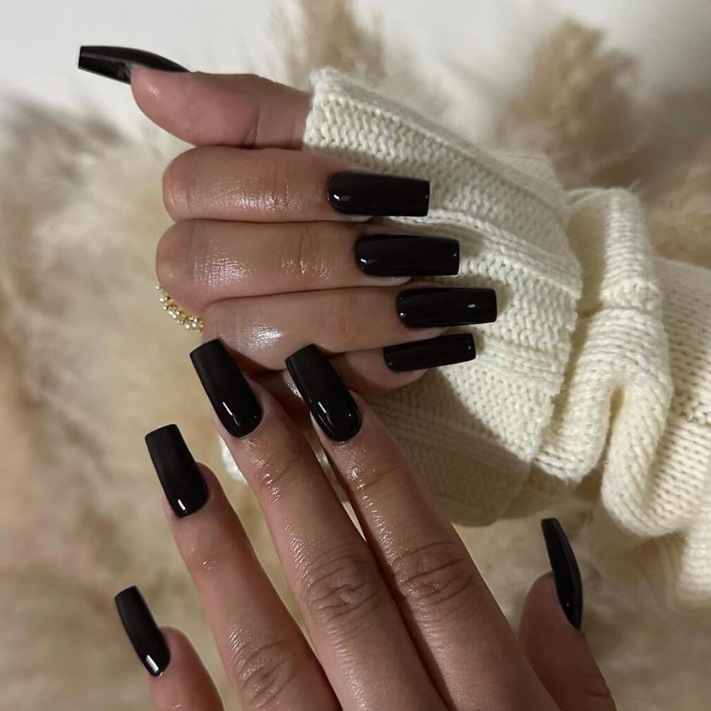 KQueenest All Black Press On Nails Medium Long Square Nails Press Ons Gloss, Solid Color Full Cover Medium Fake Nails For Women, Thick Gel Coffin Acrylic Nails, False Nails For Manicure 24 Pcs