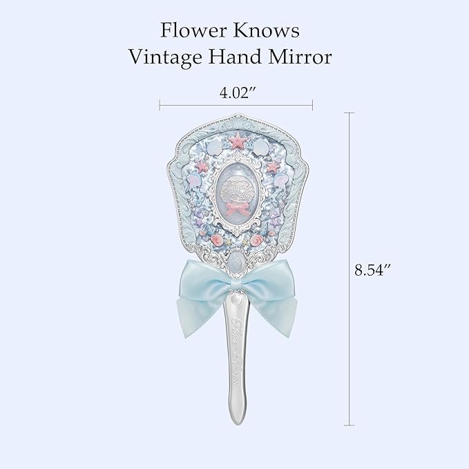 Flower Knows Shell's Jewel Hand Mirror,Vintage Portable Handheld Mirror,Fancy & Pretty Princess Mirror with Long Handle,Gift for Girls(Blue Seashell)