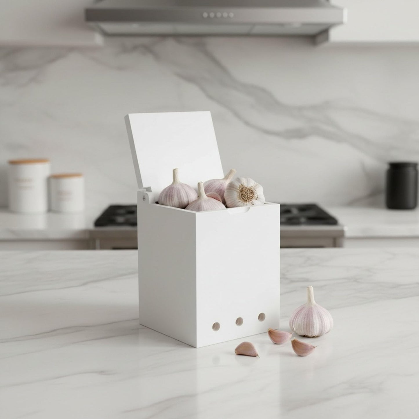 Mowhut Garlic Keeper for Countertop, Wooden Storage Box with Solid Wood Cover, Ventilation Holes, White Holder Container for Kitchen Pantry, Ginger and Shallots
